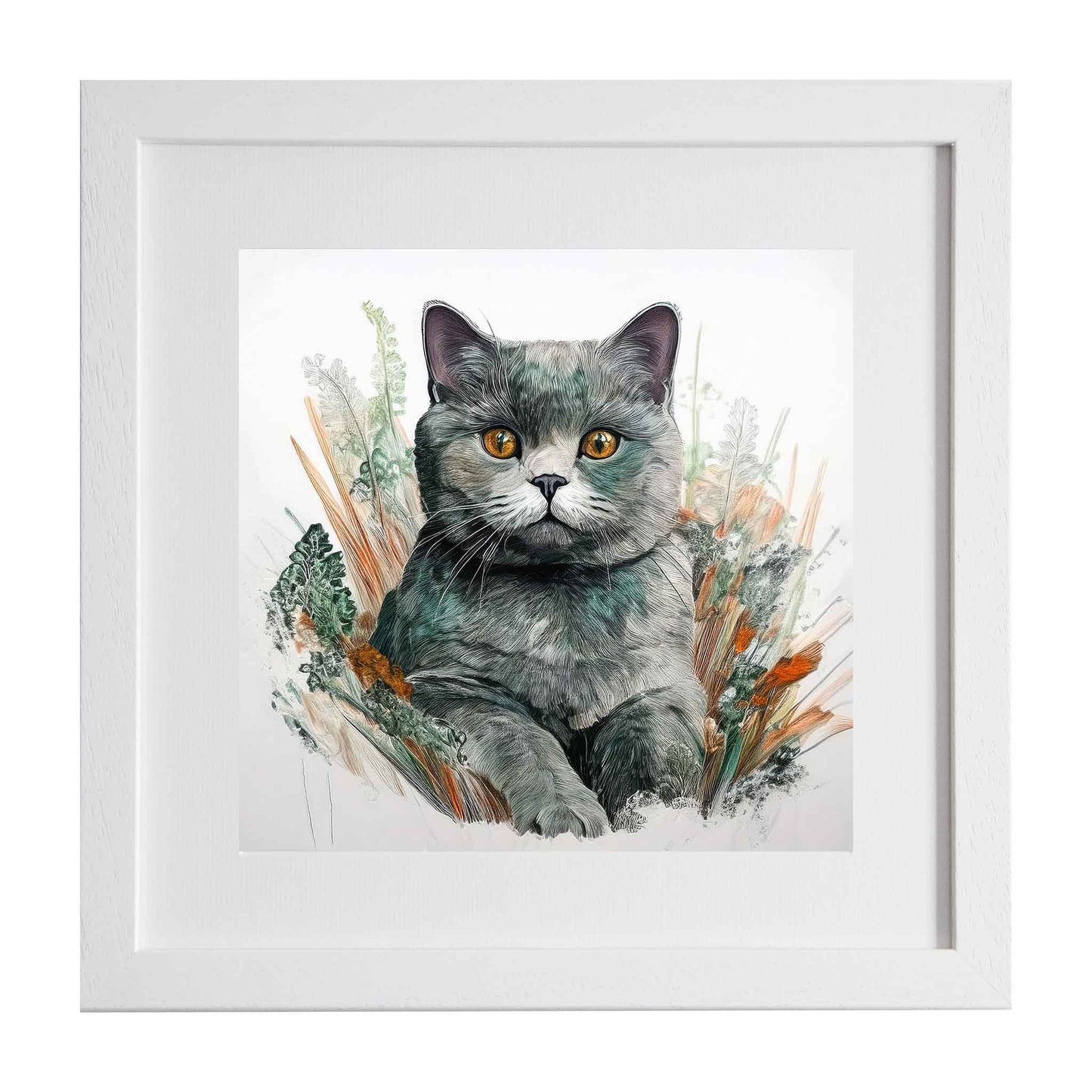 Framed artwork of a gray cat with orange eyes surrounded by plants on a white background