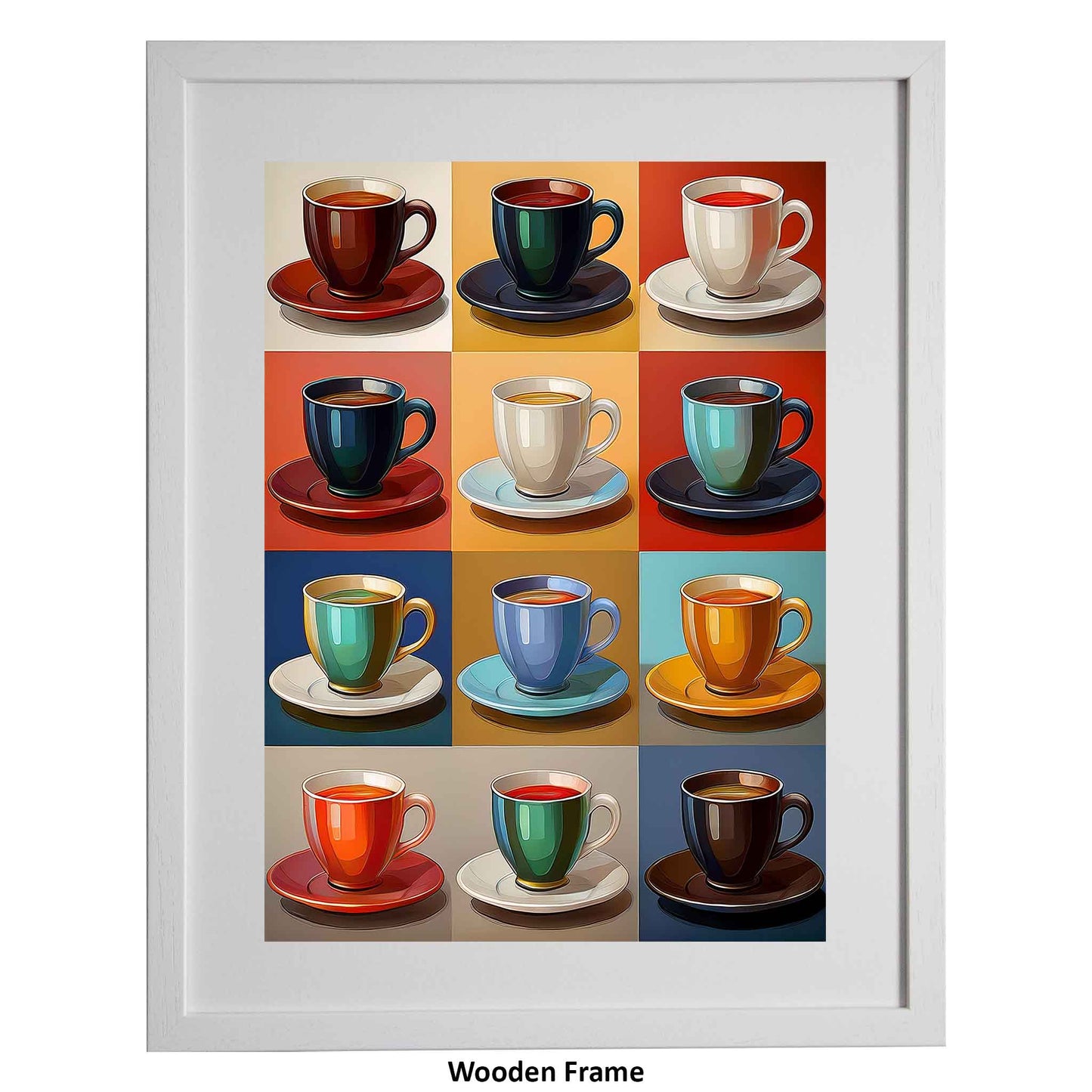 Skonax, a simple, classic framed modern art print from the Ximago store, depicting many cups of a hot soothing drink, in a wooden frame