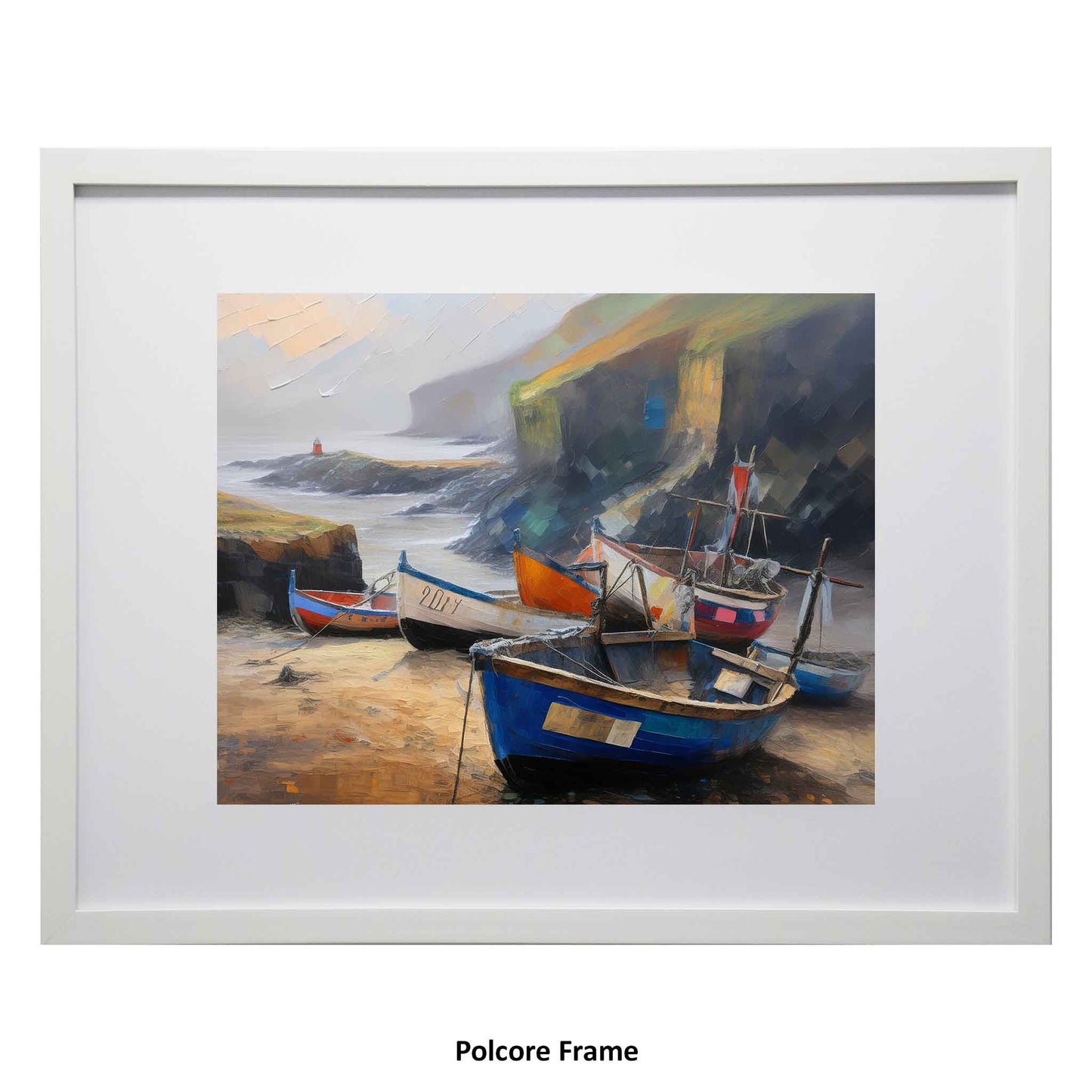A modern, slightly abstract print of boats tied up on dry land at the Lizard in Cornwall. Provided by Ximago.
