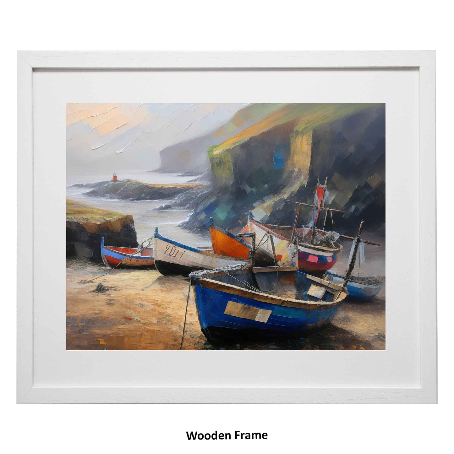 A modern, slightly abstract print of boats tied up on dry land at the Lizard in Cornwall. Provided by Ximago.