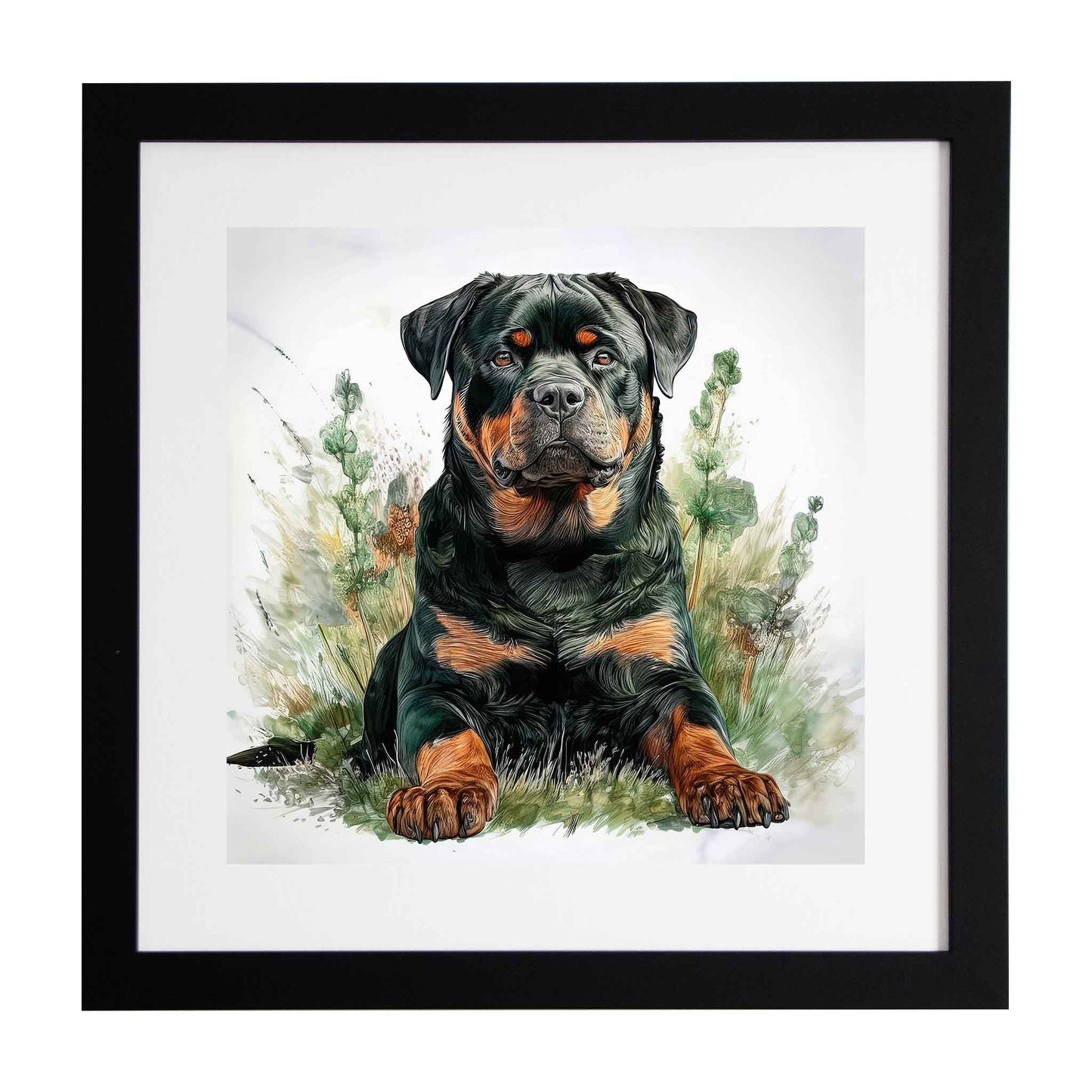 Framed artwork of a Rottweiler dog sitting in grass from the Ximago animal collection