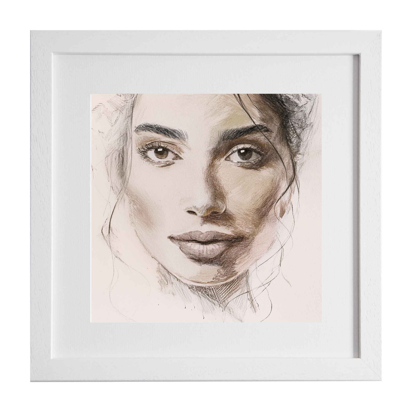 Framed artwork of a woman's face from Ximago