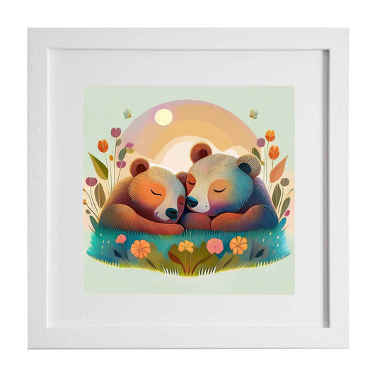 Framed artwork of two bears hugging with a floral background from Ximago