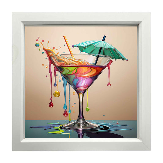 Colorful cocktail print with umbrella and rainbow elements on a beige background.