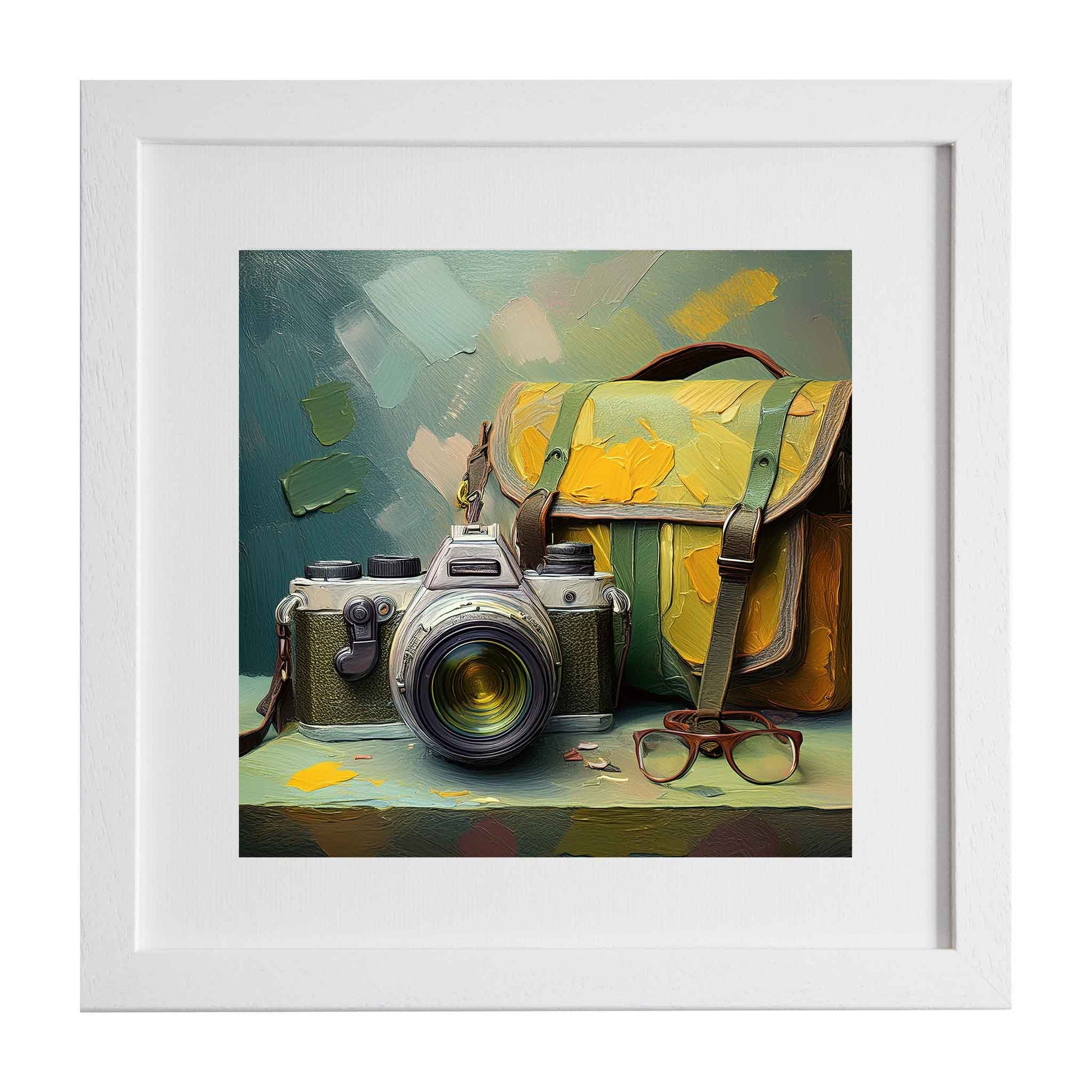 Framed artwork of a camera and bag on a textured surface from Ximago