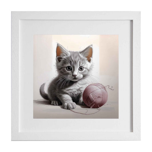 Cat and ball, Framed modern art print of a kitten playing with a ball of wool from the Ximago store.
