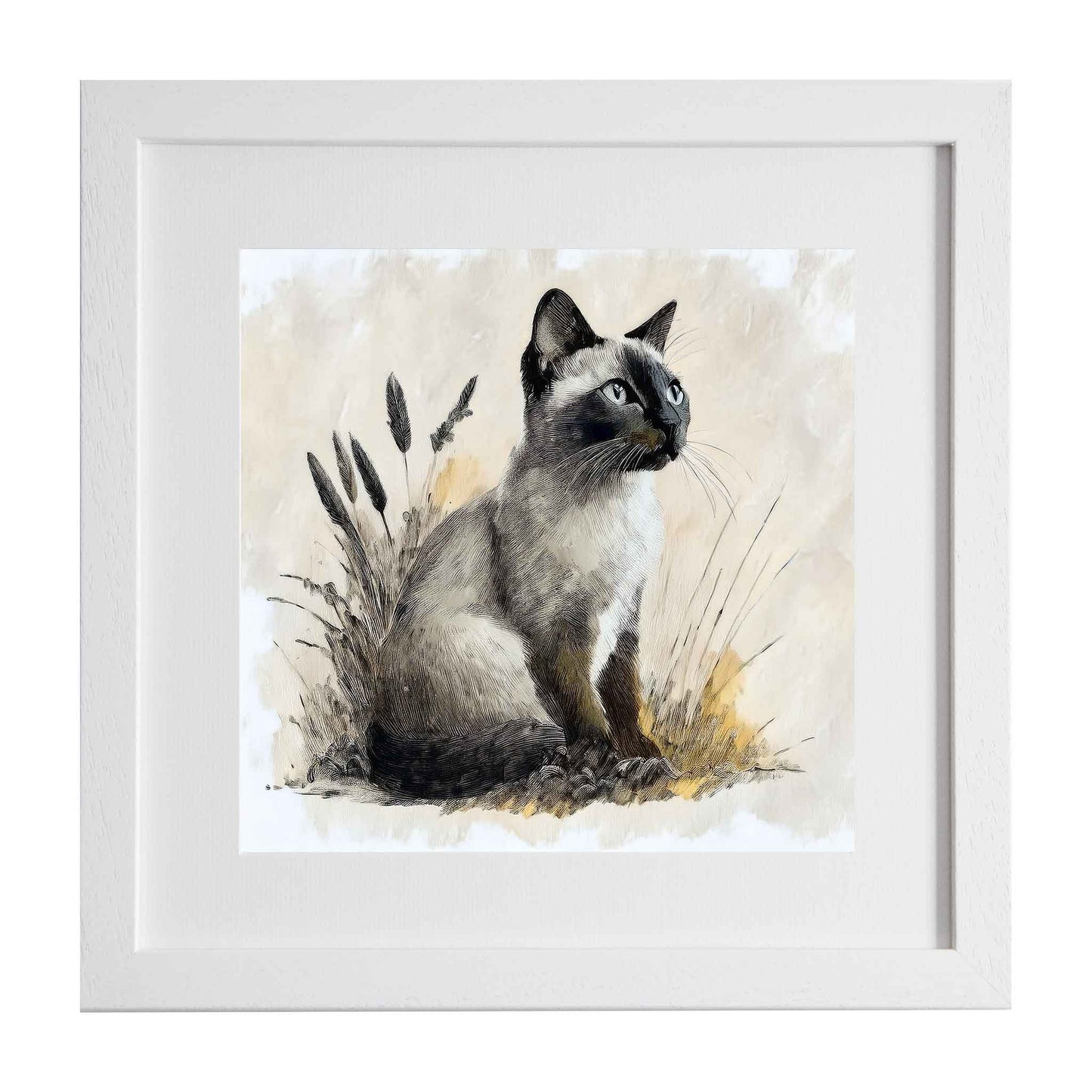 Framed artwork of a Siamese cat on a textured beige background from Ximago