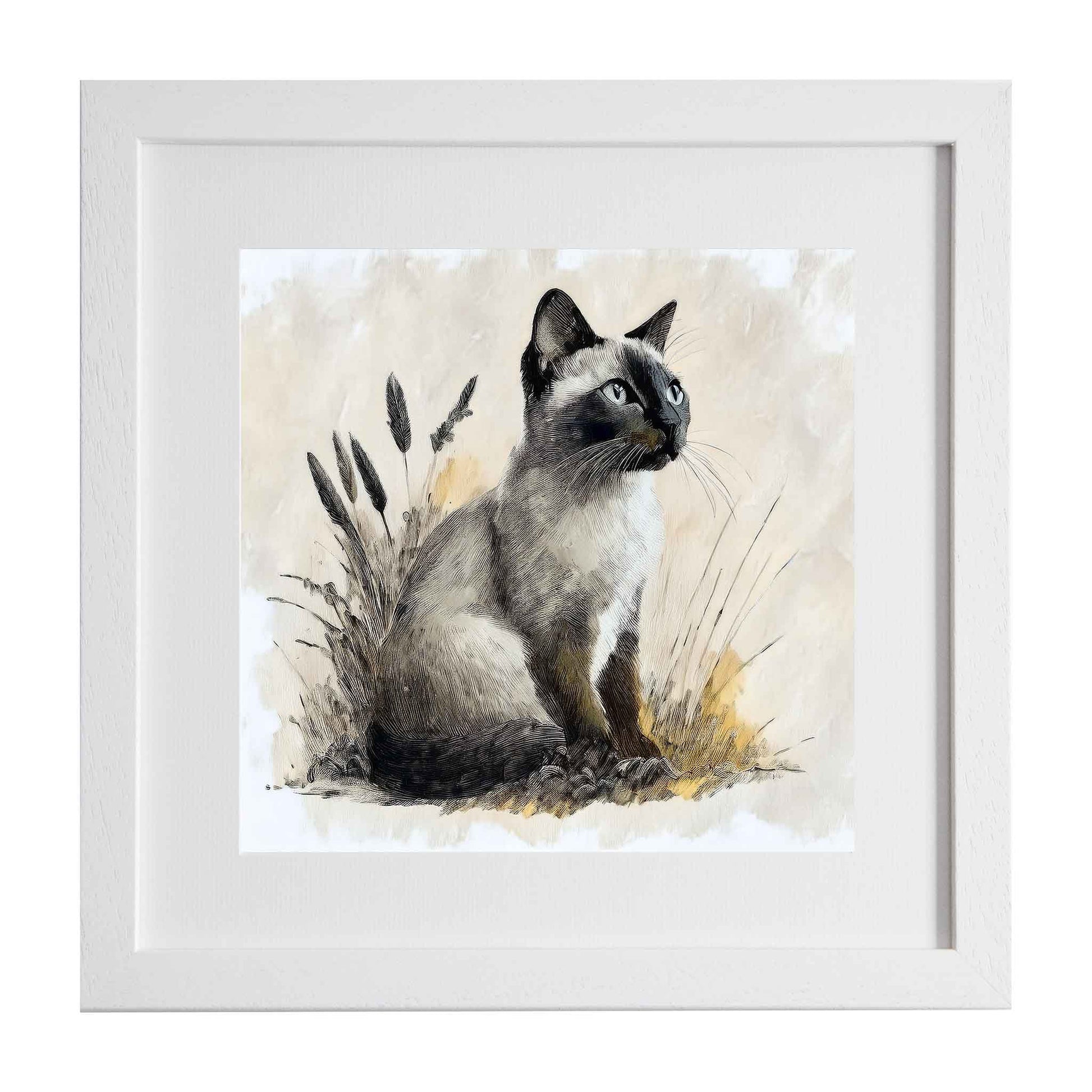 Framed artwork of a Siamese cat on a textured beige background from Ximago