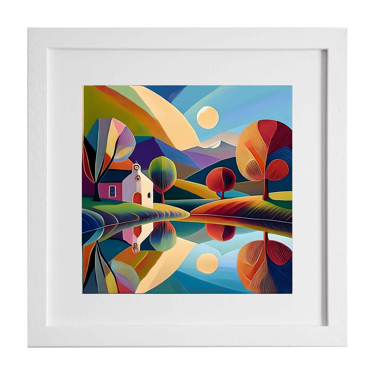Unique modern interpretation of a bright day, with a beautiful reflection in the nearby lake, to brighten your room, from the Ximago store.