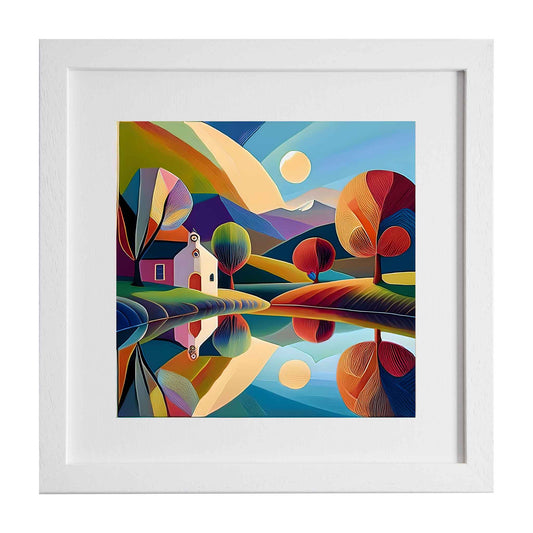 Unique modern interpretation of a bright day, with a beautiful reflection in the nearby lake, to brighten your room, from the Ximago store.