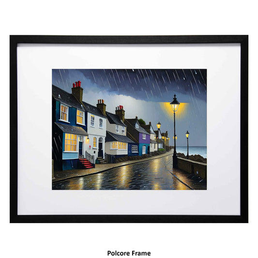 Framed artwork of a coastal street scene with houses and a lamp post at night from Ximago