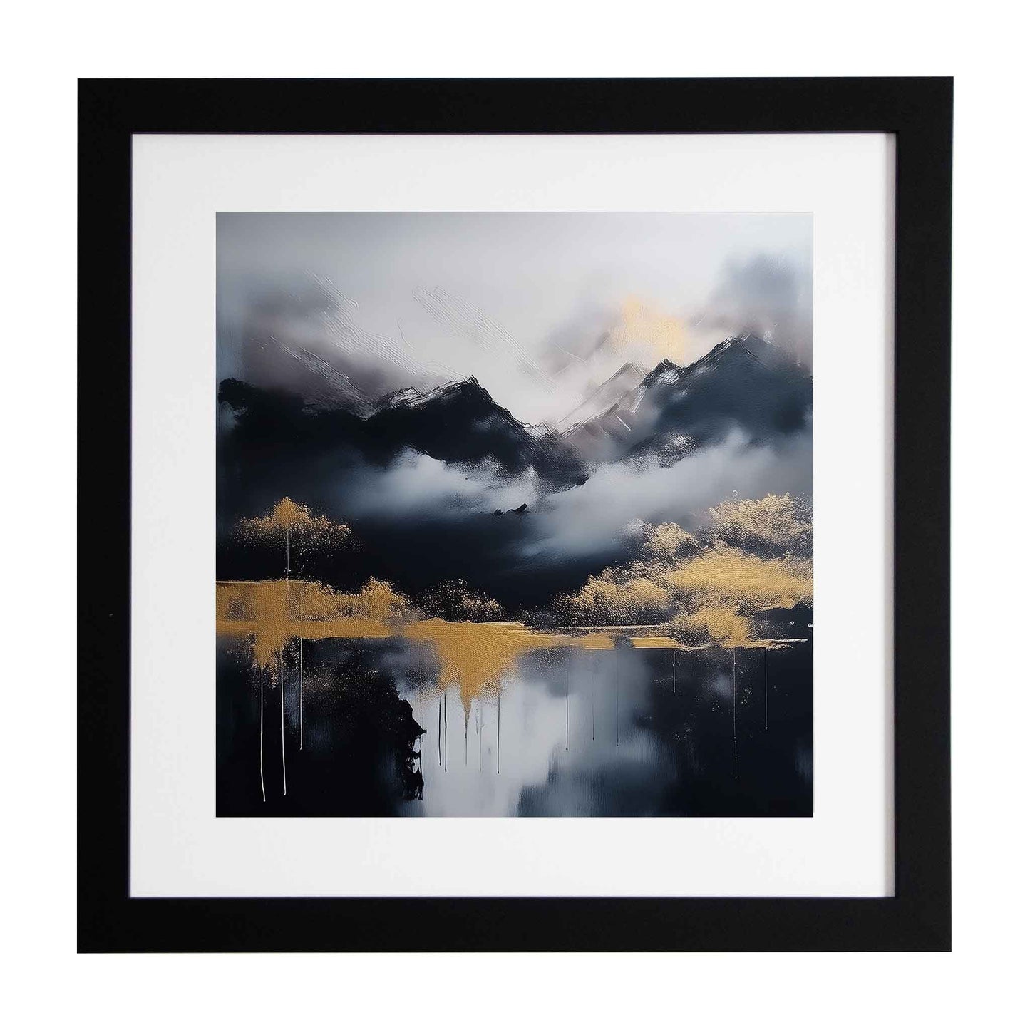 Framed modern artwork of a mountain landscape with reflective water and dark clouds from Ximago