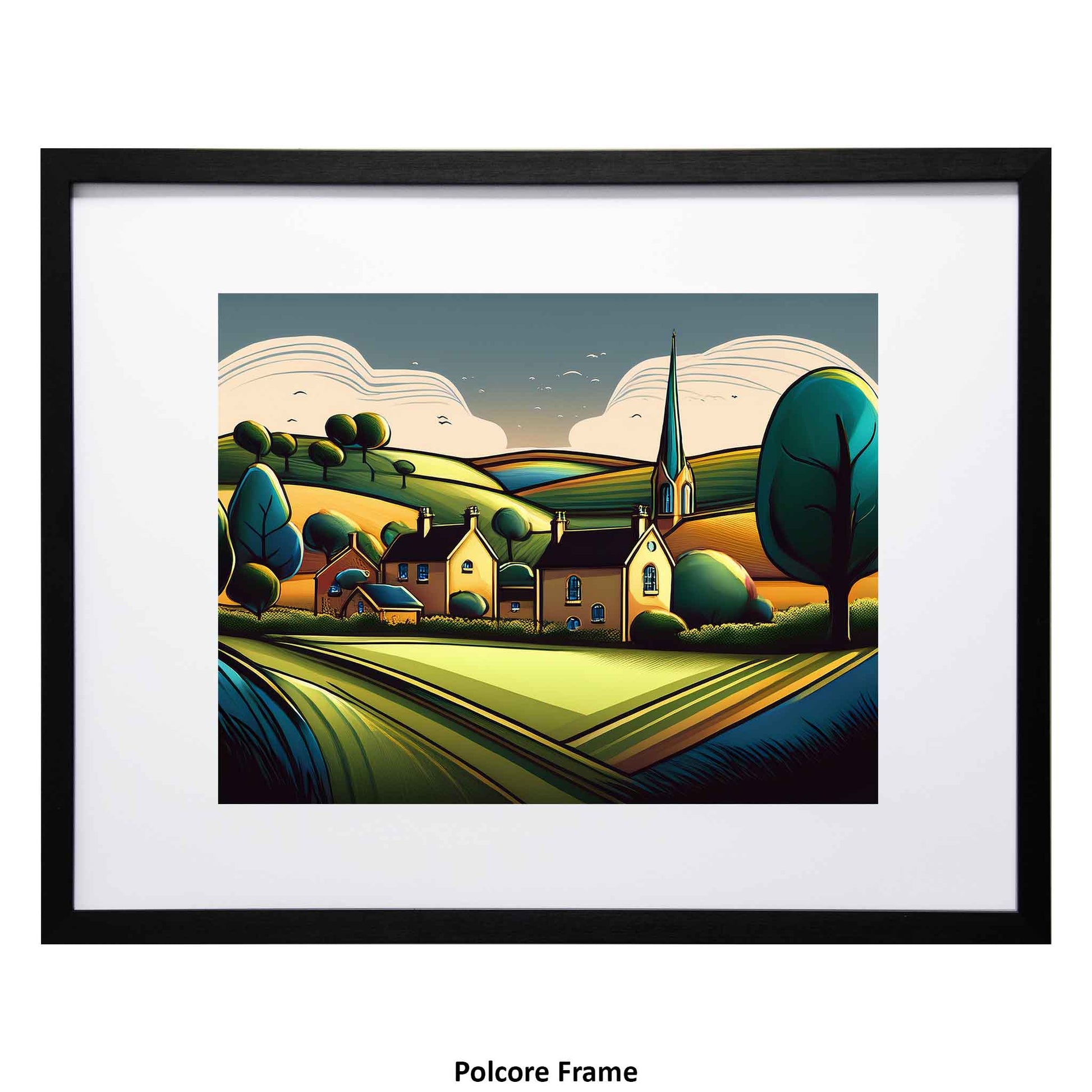 Framed art print of a village scene with green fields and trees from Ximago store.