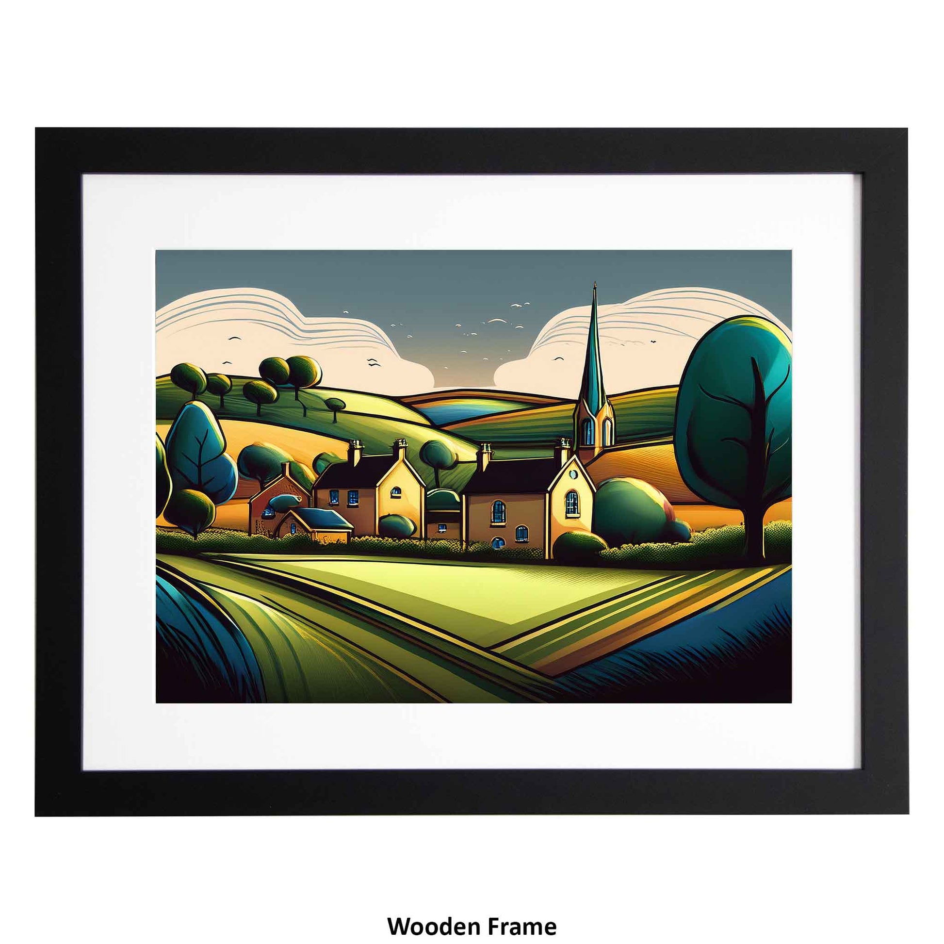 Framed art print of a village scene with green fields and trees from Ximago store.
