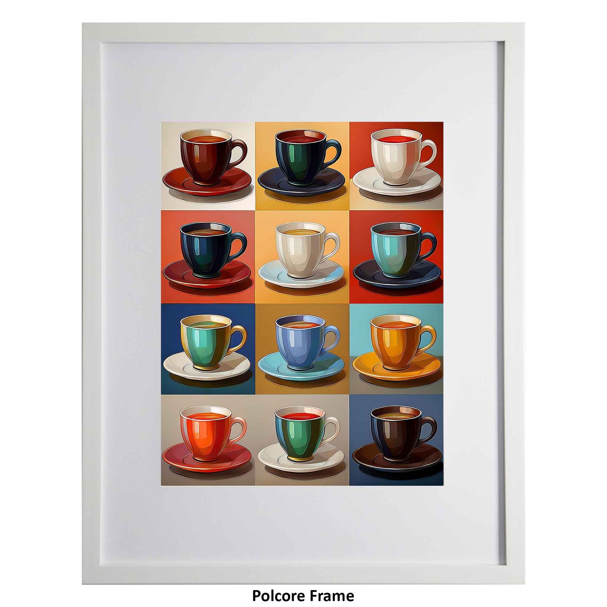 Skonax, a simple, classic framed modern art print from the Ximago store, depicting many cups of a hot soothing drink