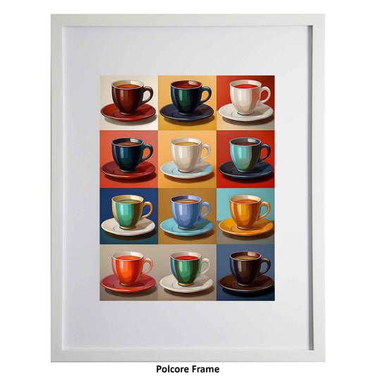 Skonax, a simple, classic framed modern art print from the Ximago store, depicting many cups of a hot soothing drink