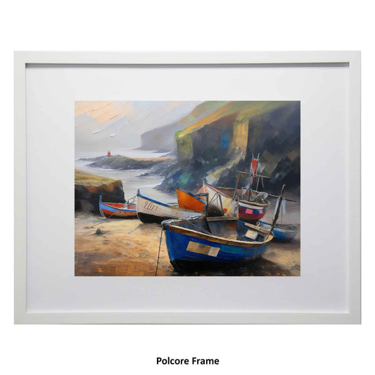 A modern, slightly abstract print of boats tied up on dry land at the Lizard in Cornwall. Provided by Ximago.