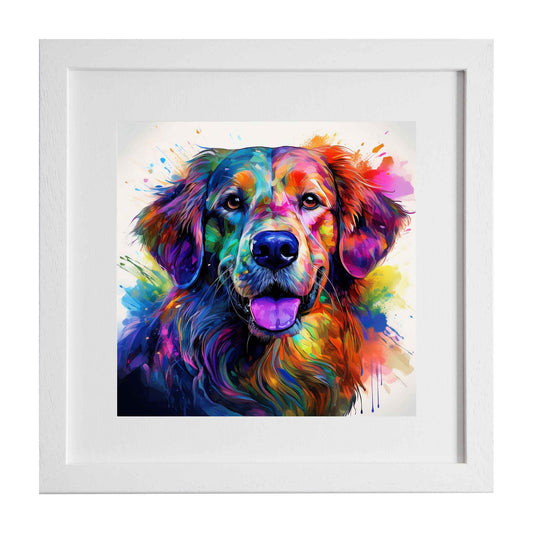 Framed animal art print of a bubbly, multi-coloured abstract Golden Retriever from the Ximago store.