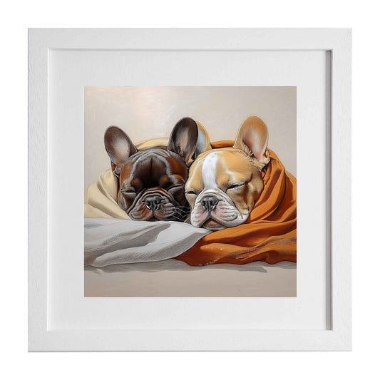 Framed artwork of two french bulldogs wrapped in a blanket on a beige background