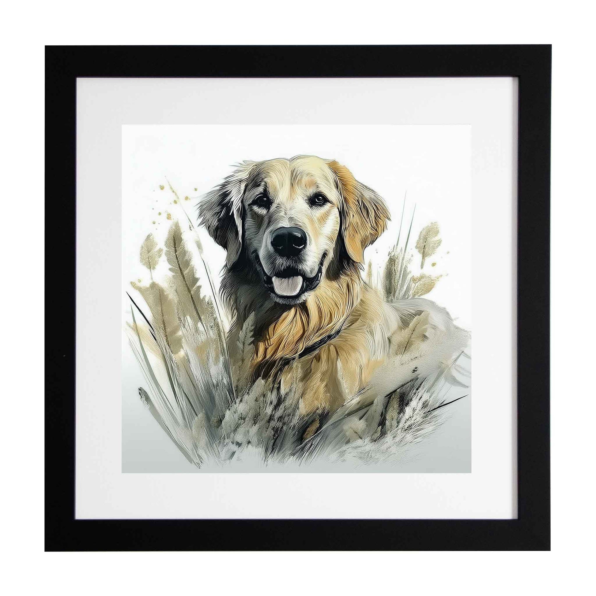 Framed artwork of a golden retriever surrounded by plants on a white background by Ximago
