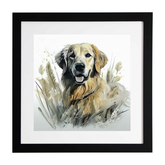 Framed artwork of a golden retriever surrounded by plants on a white background by Ximago