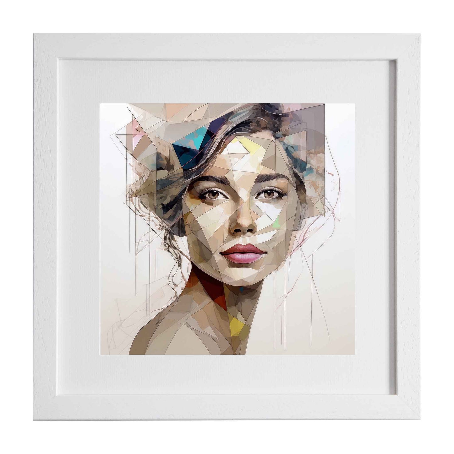 Framed abstract art of a woman's face with geometric shapes on a pale background from Ximago.