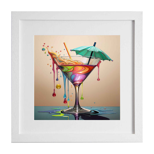 Party time, Framed art print of a bubbly, multi-coloured cocktail glass providing an elegant display for your home, from the Ximago store.
