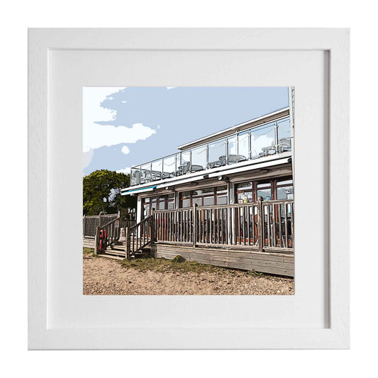 Hamble Beach Hut Cafe, a framed modern art print from the Ximago store