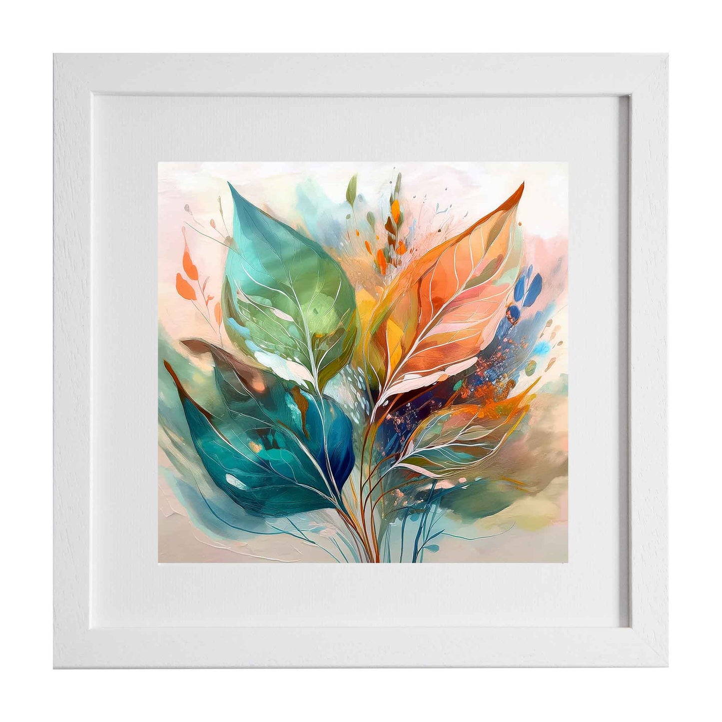 Framed abstract artwork with colorful leaves on a white background from Ximago