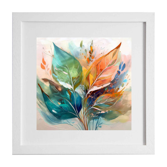 Framed abstract artwork with colorful leaves on a white background from Ximago