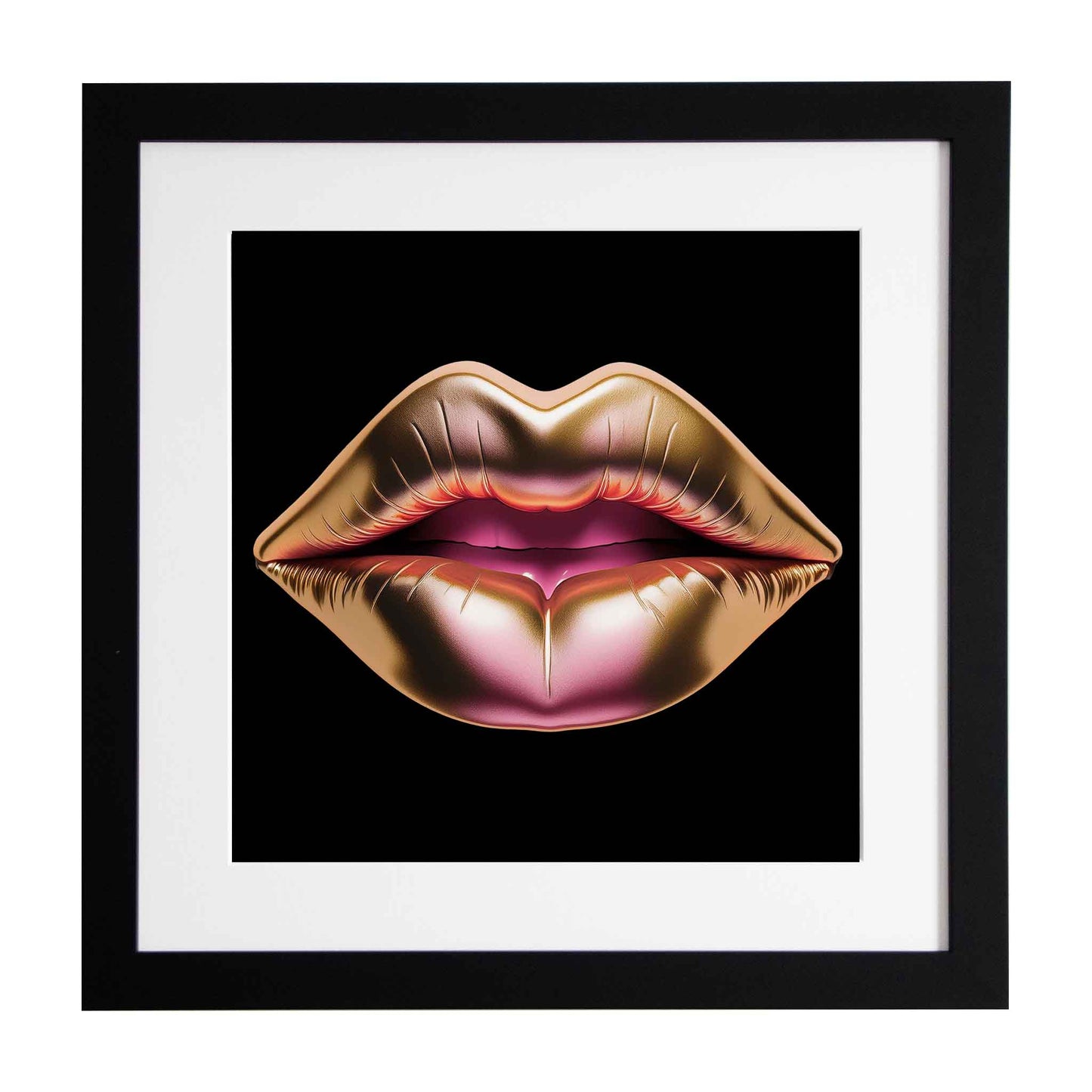 Golden Lips on Black Background, a framed modern art print from the Ximago store