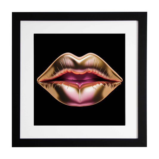 Golden Lips on Black Background, a framed modern art print from the Ximago store