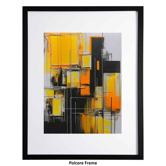 Abstract art print with yellow and black abstract design in a polcore frame from Ximago