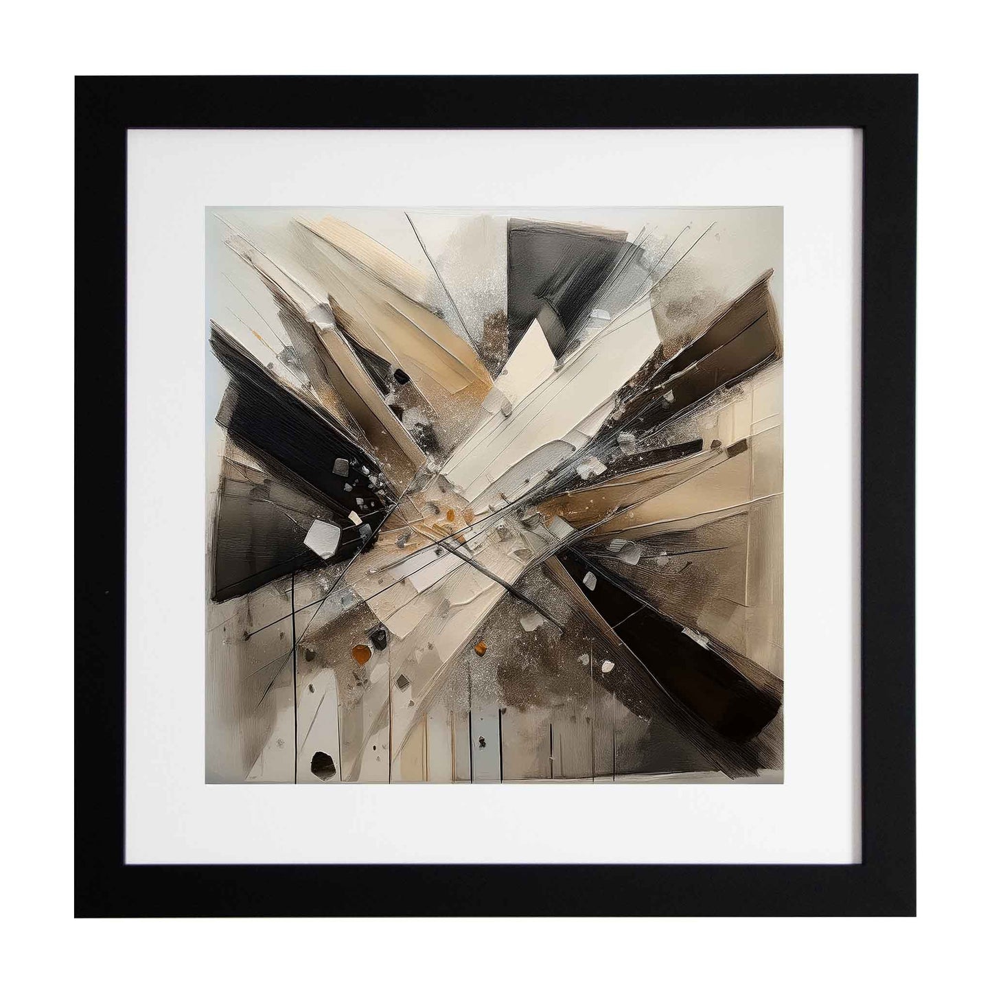 Framed abstract art with geometric shapes on a pale background from the Ximago store.
