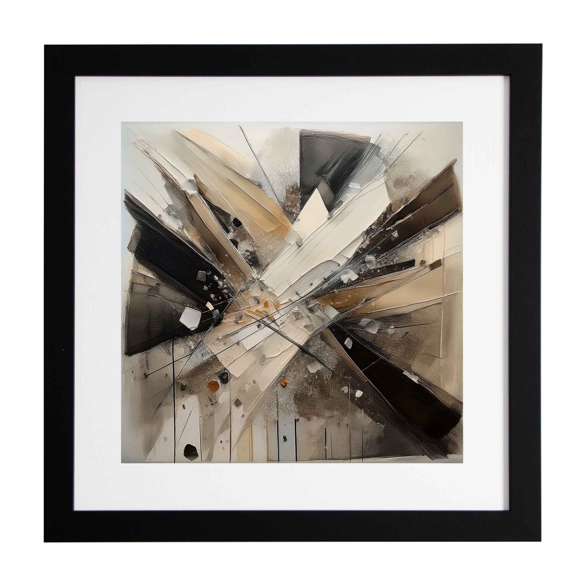 Framed abstract art with geometric shapes on a pale background from the Ximago store.