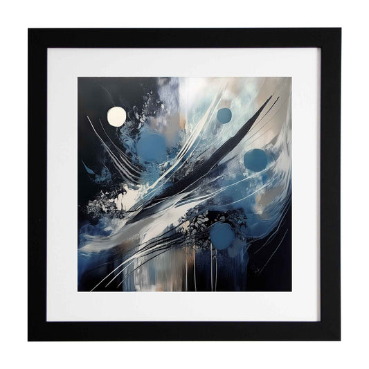 Framed abstract artwork with blue and black elements on a mixed colour background from Ximago.