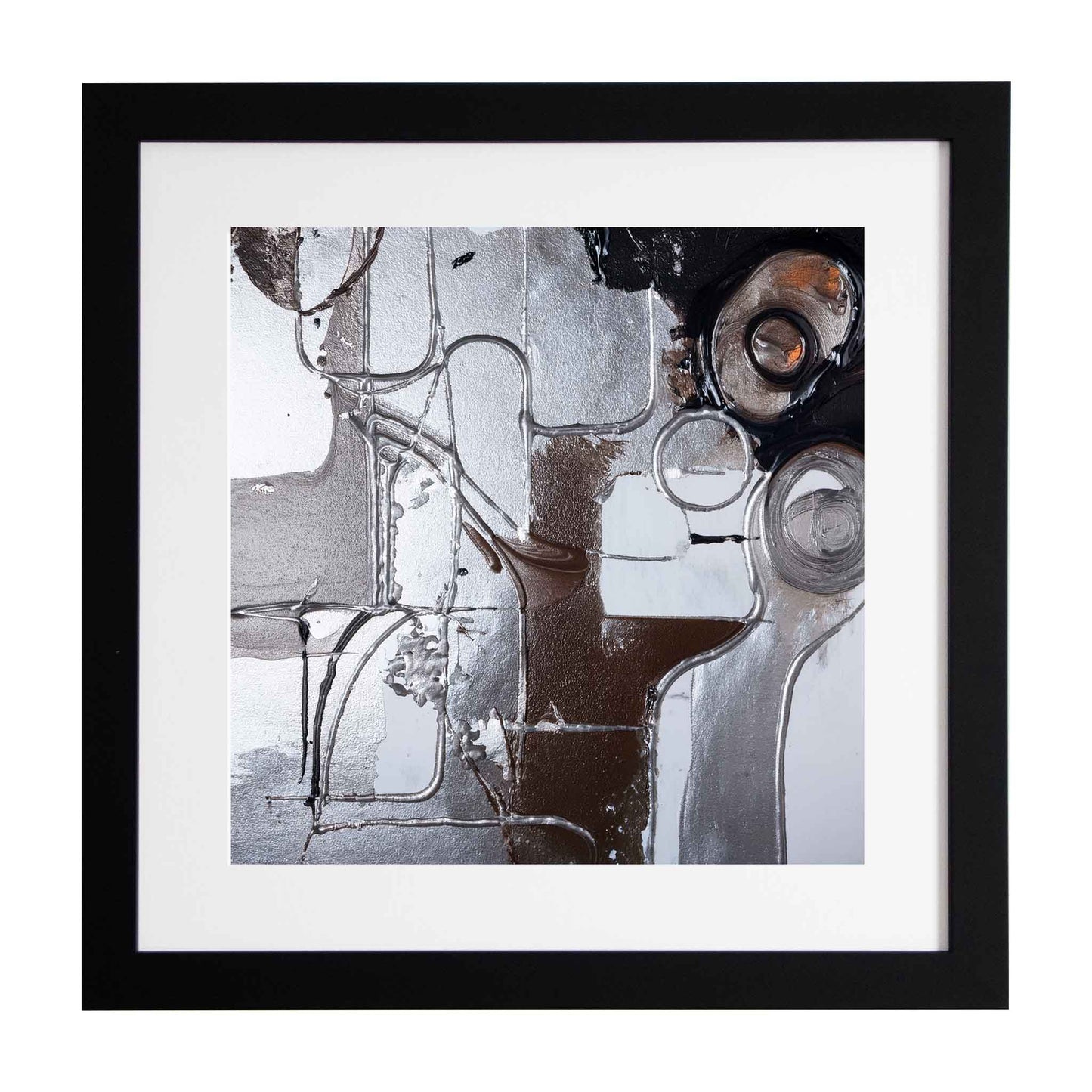 Framed abstract art piece with black, white, and gray tones from the Ximago store.