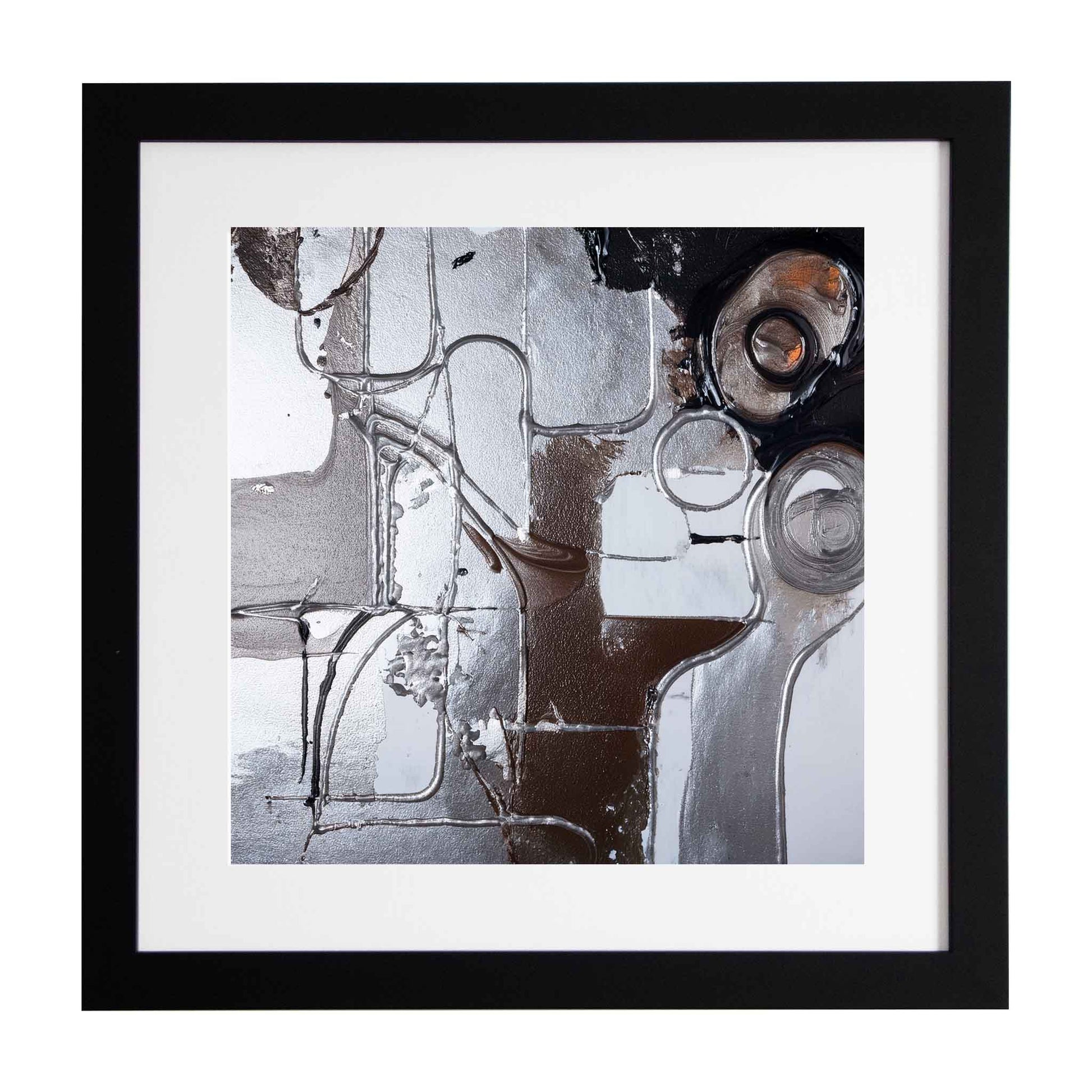 Framed abstract art piece with black, white, and gray tones from the Ximago store.
