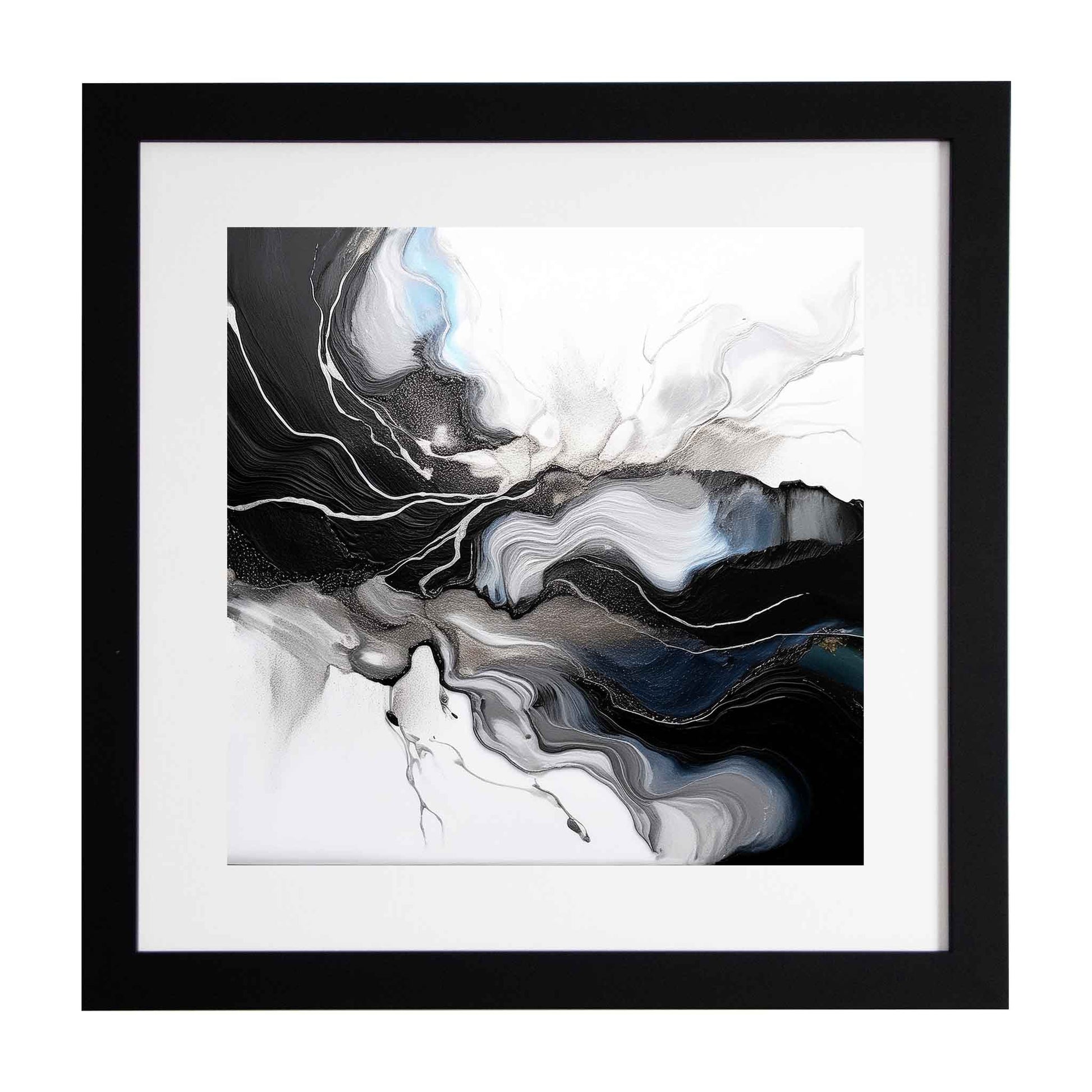 Framed abstract art with black, white, blule and gray colors on a white background from Ximago store