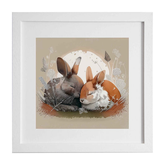 A creative modern image of two sleeping rabbits snuggled up together, using subtle colours from the Ximago store.