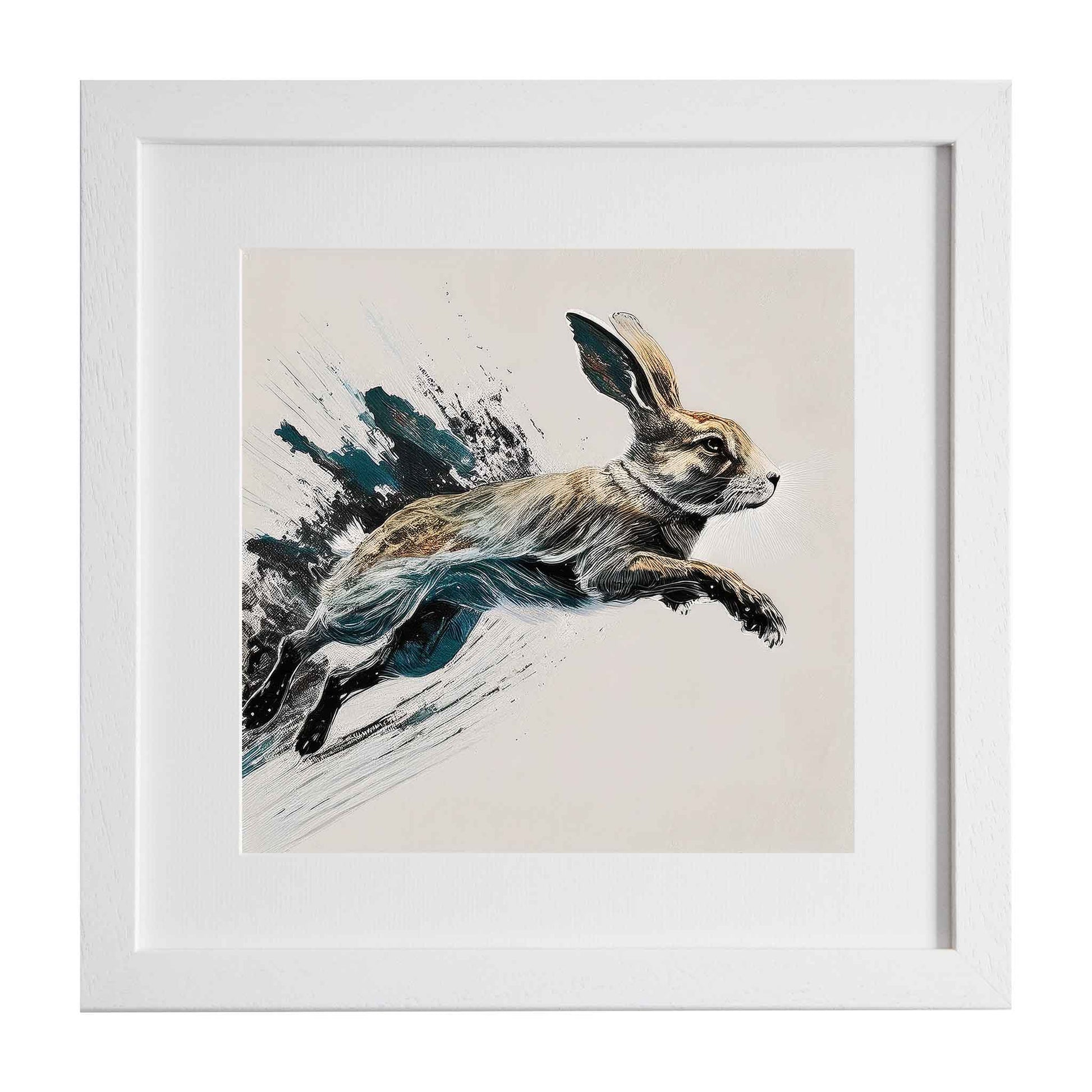 Framed artwork of a leaping rabbit on a neutral background from Ximago