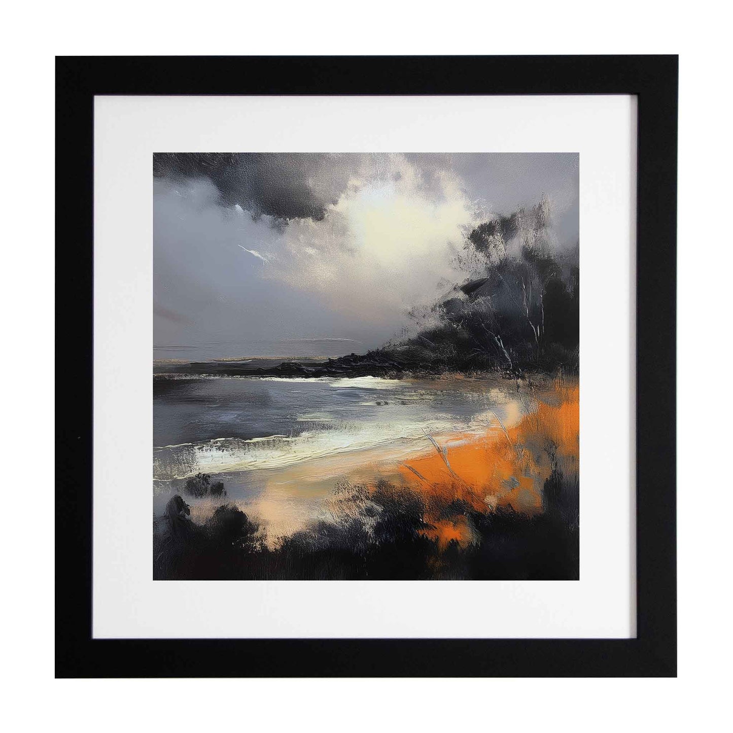 Framed beach abstract print with orange, black, and white colors from Ximago.