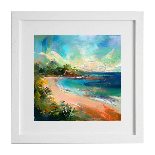 Framed print of an abstract beach scene with colorful landscape from Ximago store.