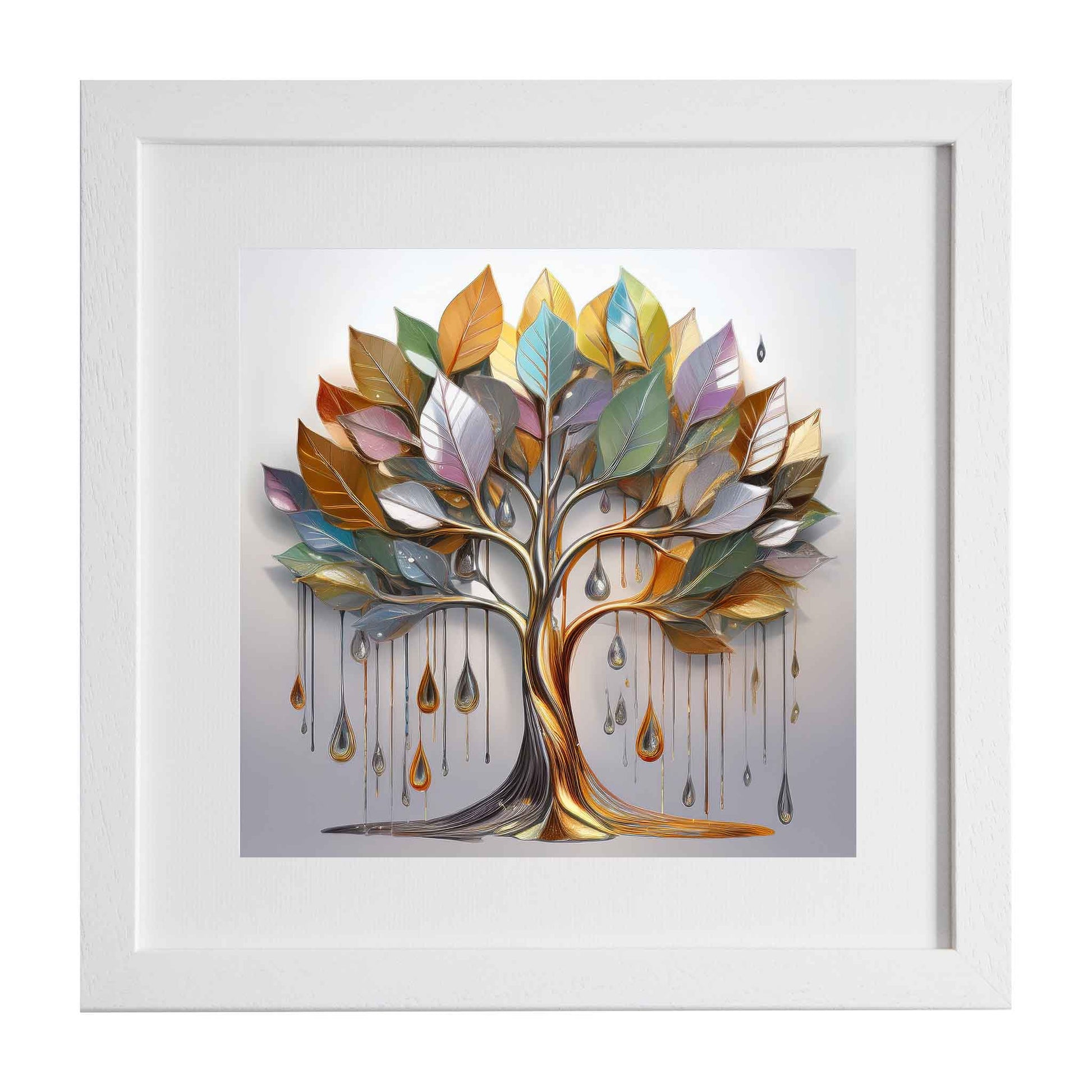 Shining in the rain, a metallic style tree. A framed modern art print designed in store by Ximago.