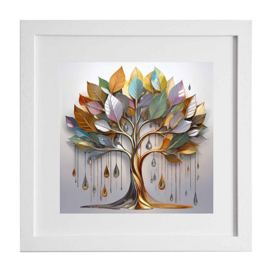 Shining in the rain, a metallic style tree. A framed modern art print designed in store by Ximago.