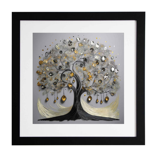 Ciar, framed modern art print of a black and gold jewelled tree by Ximago