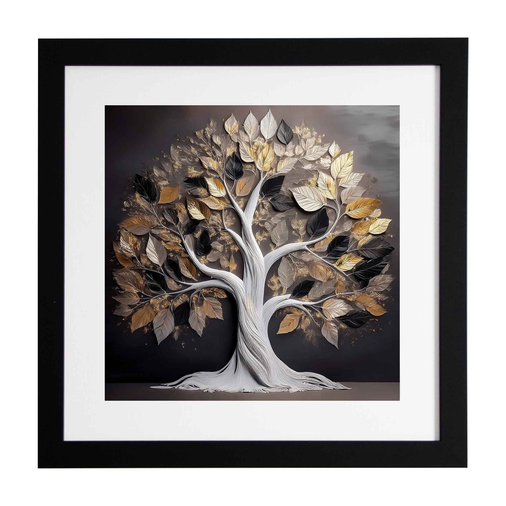Framed artwork of a tree with brown, black and gold leaves on a gray background from the Ximago store.