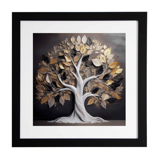 Framed artwork of a tree with brown, black and gold leaves on a gray background from the Ximago store.