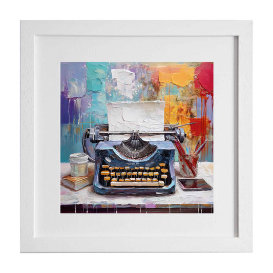 Framed artwork of a typewriter with colorful abstract background from Ximago