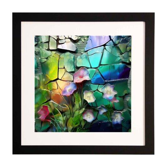 Broken glass wall with flowers, a framed modern art print from the Ximago store
